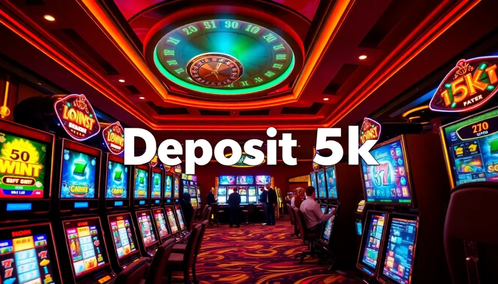 Suasana meriah di kasino yang menampilkan mesin slot dengan fokus jelas pada situs deposit 5k untuk perjudian online.