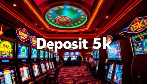 Suasana meriah di kasino yang menampilkan mesin slot dengan fokus jelas pada situs deposit 5k untuk perjudian online.