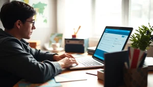 Complete the eta application uk in a cozy home office with travel items and a bright atmosphere.