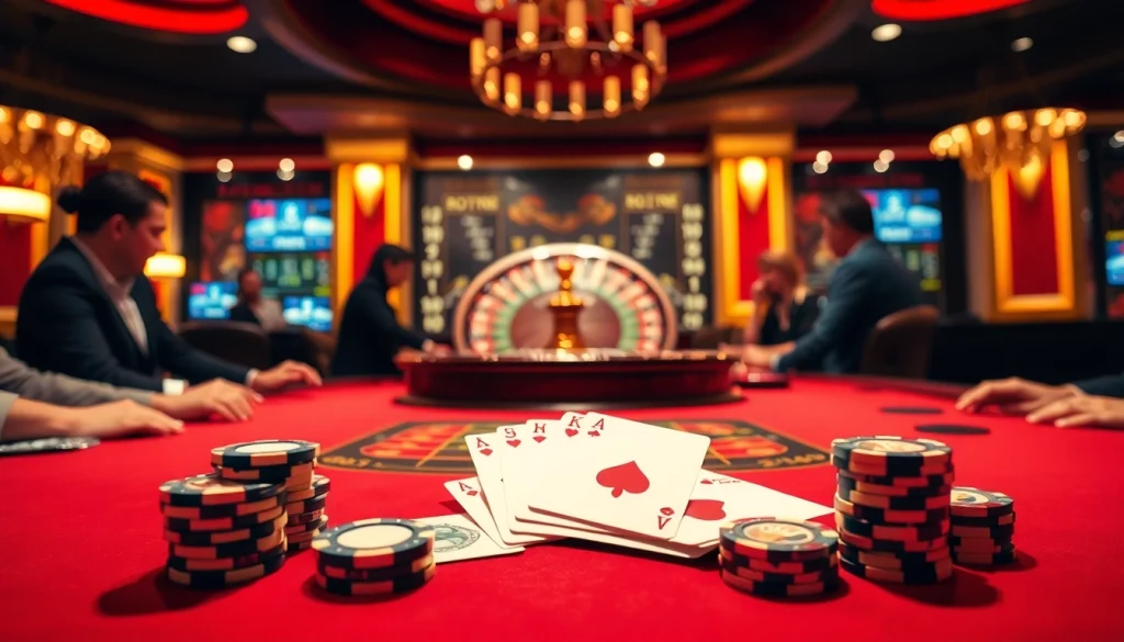 Players celebrating a 555 win at a luxurious casino poker table with vibrant colors and warm lighting.