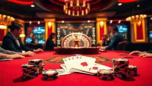 Players celebrating a 555 win at a luxurious casino poker table with vibrant colors and warm lighting.