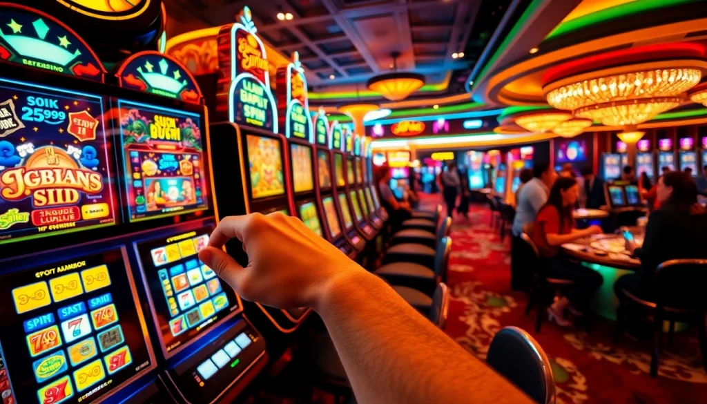 Permainan seru pada mesin slot depo pulsa yang menampilkan kegembiraan dan suasana kasino yang hidup.