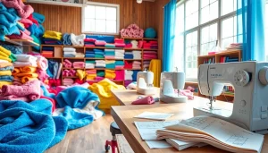 Beginner sewing fabrics, stoffen voor naaien beginners Nederland, in a vibrant sewing studio environment.