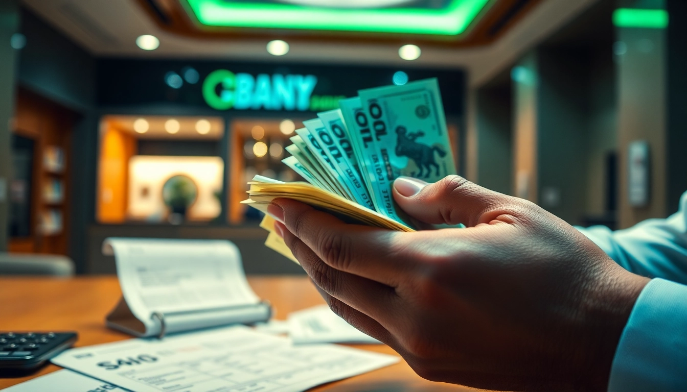 Menyetorkan 1k, tangan menghitung uang tunai dengan latar belakang interior bank yang buram.