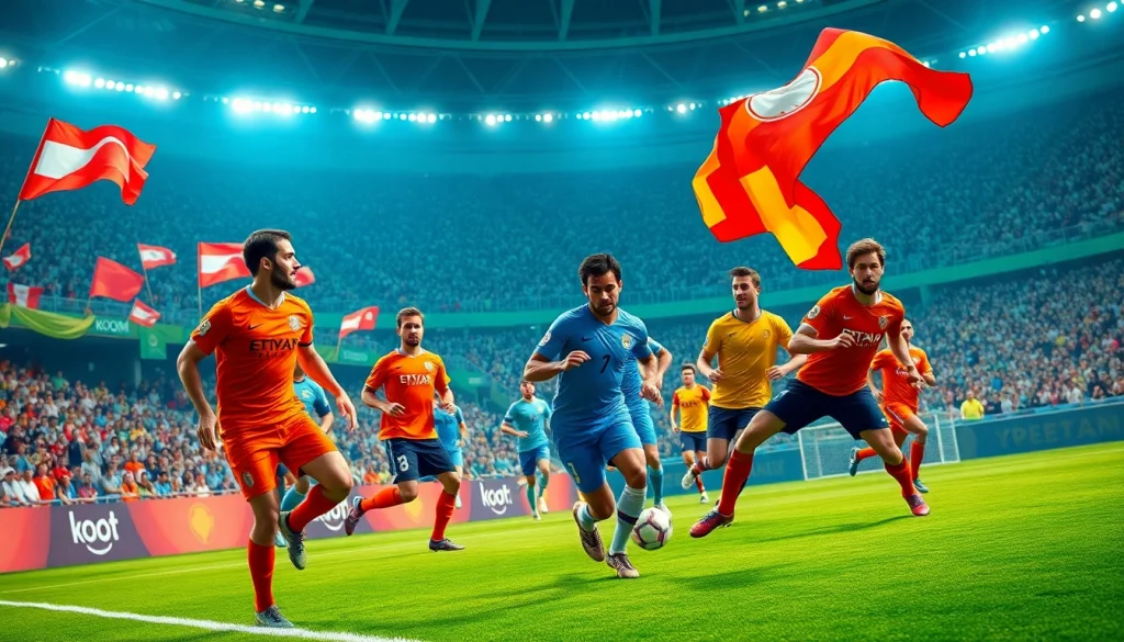 مباراة كرة قدم مثيرة تعرض لاعبين من خلفيات متنوعة أثناء الحركة، مثالية لـ koora tv.