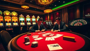 Engaged gamblers placing bets at FLY 88's luxurious poker table in a vibrant casino.