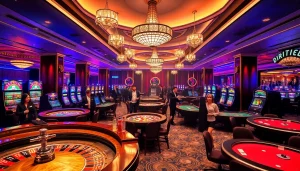 Experience the excitement of the nk88 casino with players enjoying roulette and blackjack tables, vibrant slot machines, and more.