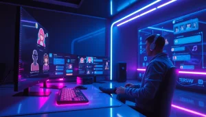 Explore the innovative character AI nsfw chatbot in a futuristic workspace, showcasing engaging digital interactions.