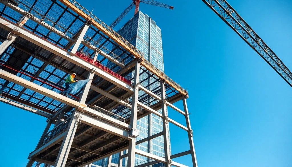 Workers engaged in structural steel construction, assembling a grand framework under blue skies.