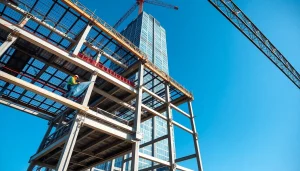 Workers engaged in structural steel construction, assembling a grand framework under blue skies.