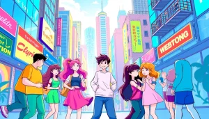 무료웹툰 캐릭터들이 도심에서 상호작용하며 색다른 장르를 표현하는 모습