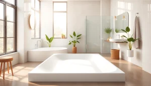 Showcase of a modern shower base in a beautifully designed bathroom with natural lighting.