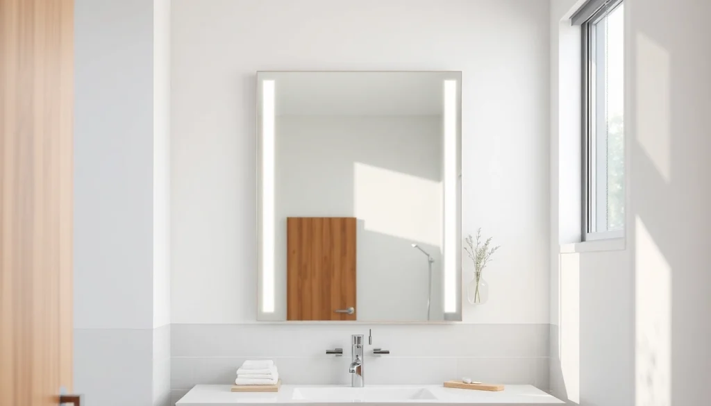 Discover a beautifully designed mirror with lights enhancing a modern bathroom setting.