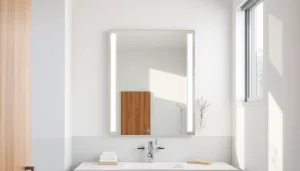 Discover a beautifully designed mirror with lights enhancing a modern bathroom setting.