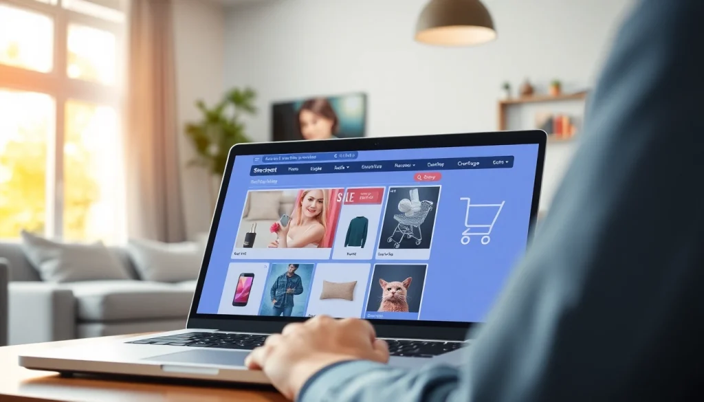 Visualize https://buyingst.com showcasing an inviting online shopping experience with a laptop in a cozy setting.