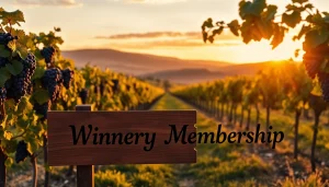 Promote Winery Membership amidst a stunning vineyard landscape with rich colors and inviting atmosphere.