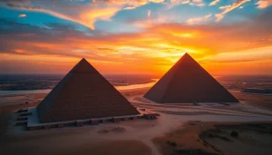 Capturing the majestic piraminds of Giza under a vibrant sunset sky.