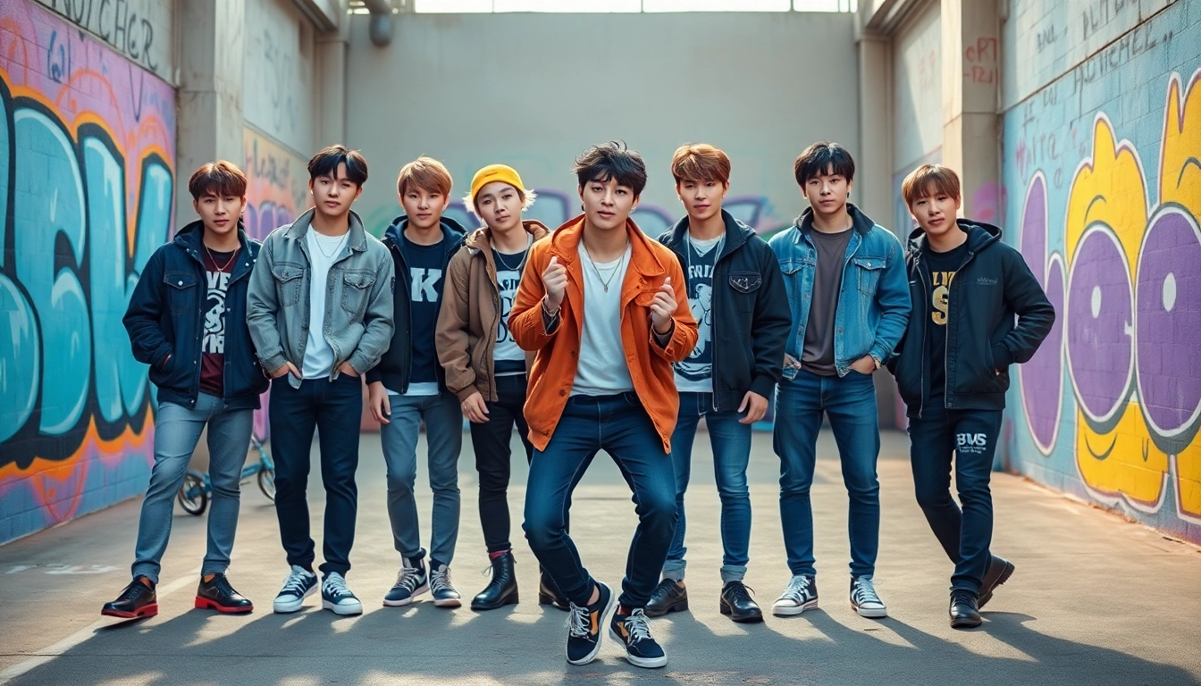 The BTS members posing together, showcasing their distinct styles and vibrant energy.