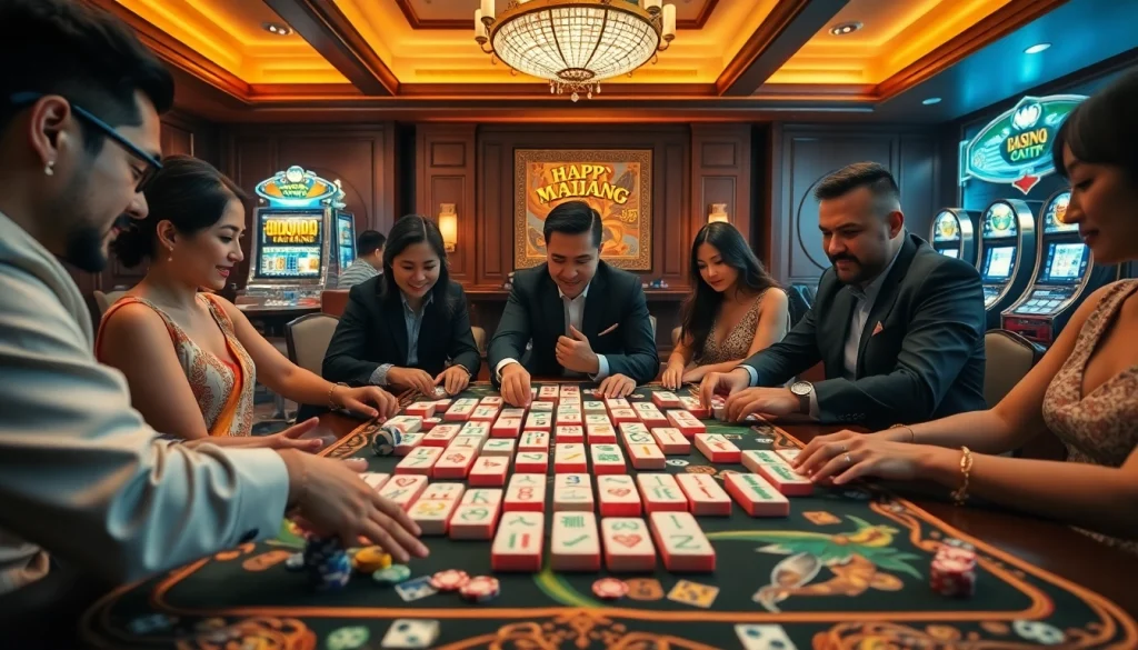 Engage in Link Mahjong surrounded by colorful tiles, poker chips, and a vibrant casino atmosphere.