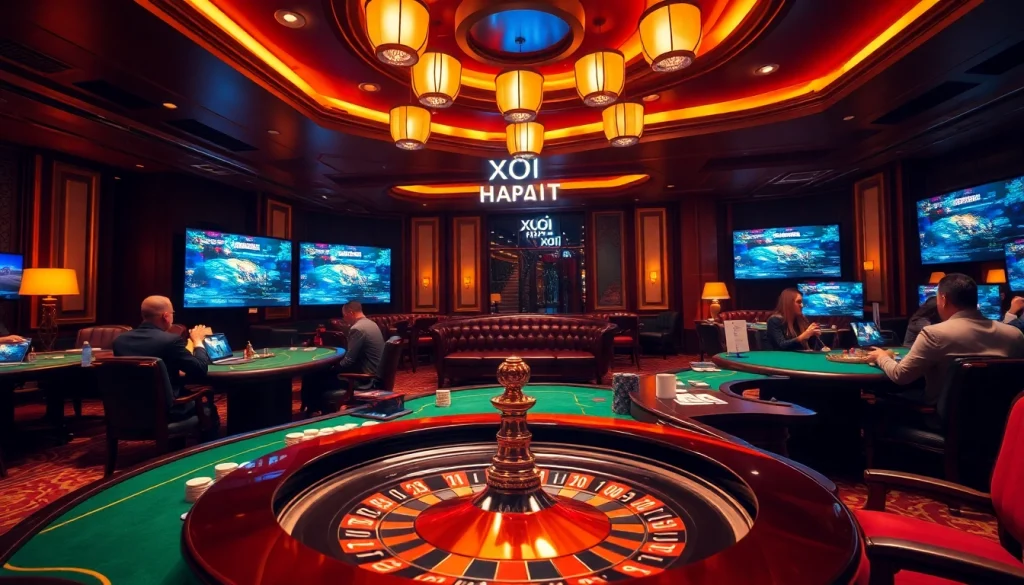 Xôi Xoài TV presents an exciting casino scene with roulette, poker chips, and esports screens.