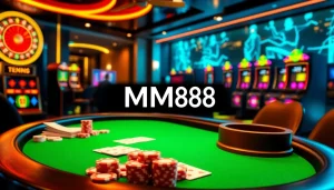 Engaging online gambling scene highlighting MM88 with casino tables, chips, cards, and a roulette wheel.