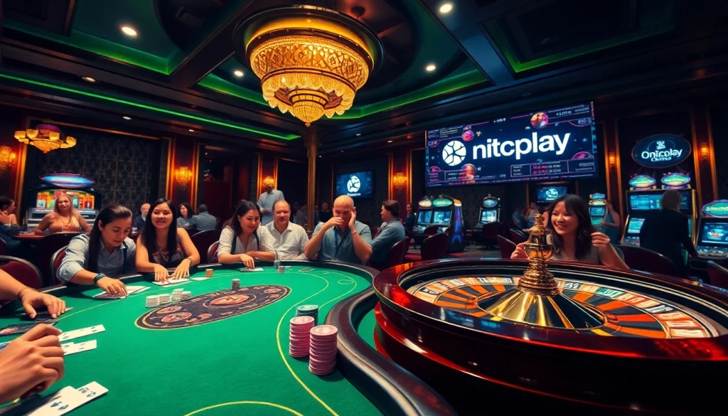Players enjoying thrilling gaming at an Onicplay casino table featuring vibrant poker chips and cards.
