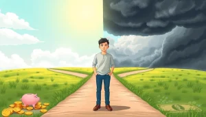 Illustration representing what are some long-term consequences of not learning to save while you’re young? showing financial growth versus uncertainty.