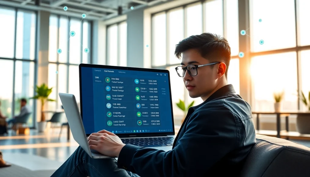 在现代工作空间使用快连VPN进行安全浏览，突出全球互联。