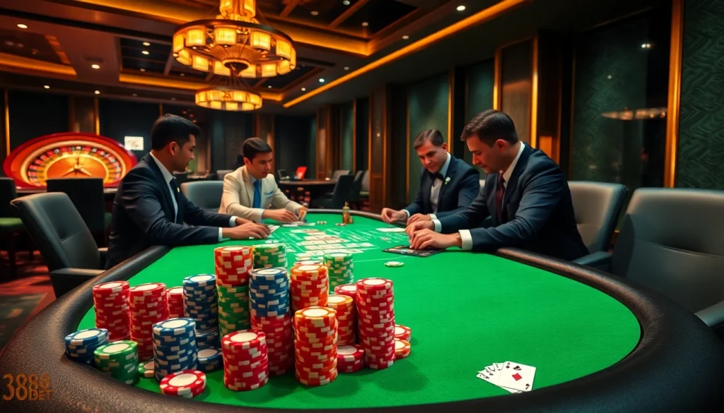 Intense poker game at 388bet, featuring chips, cards, and luxury decor.