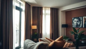 Raffinierte verduisterende gordijnen in een elegante woonkamer, perfect voor stijl en comfort.