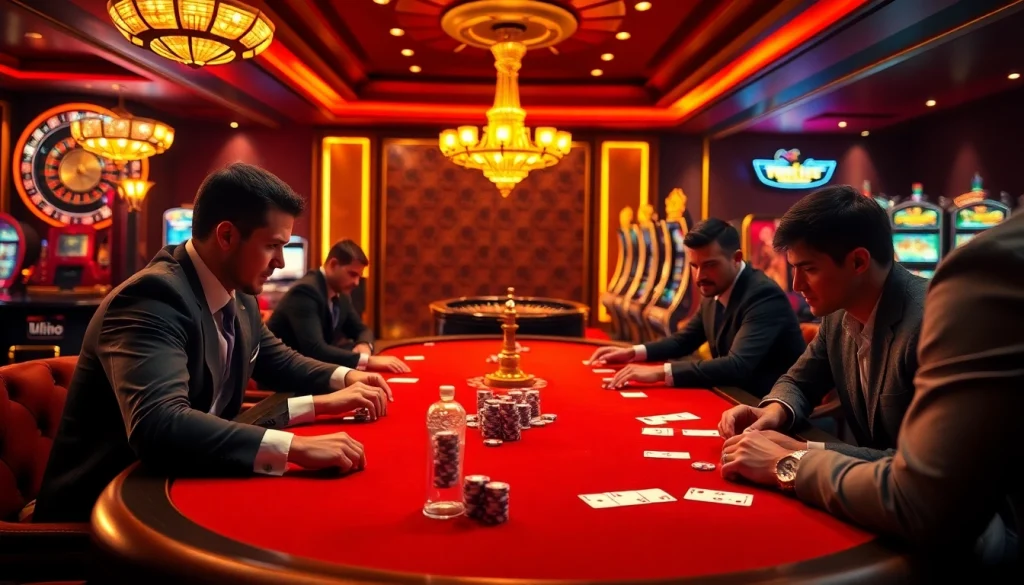 Engage with the hidden wiki onion as players strategize over a luxurious poker table in a vibrant casino setting.