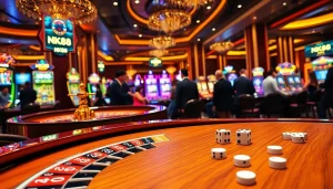 Experience the excitement of NK88 at a luxurious casino with roulette, poker, and slot machines.