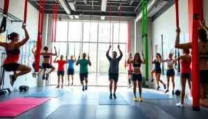 Group exercising with pull-up resistance bands in a vibrant gym setting