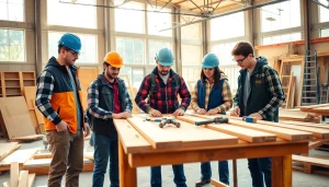 Students actively participating in construction education in Colorado, collaborating and learning in a workshop.