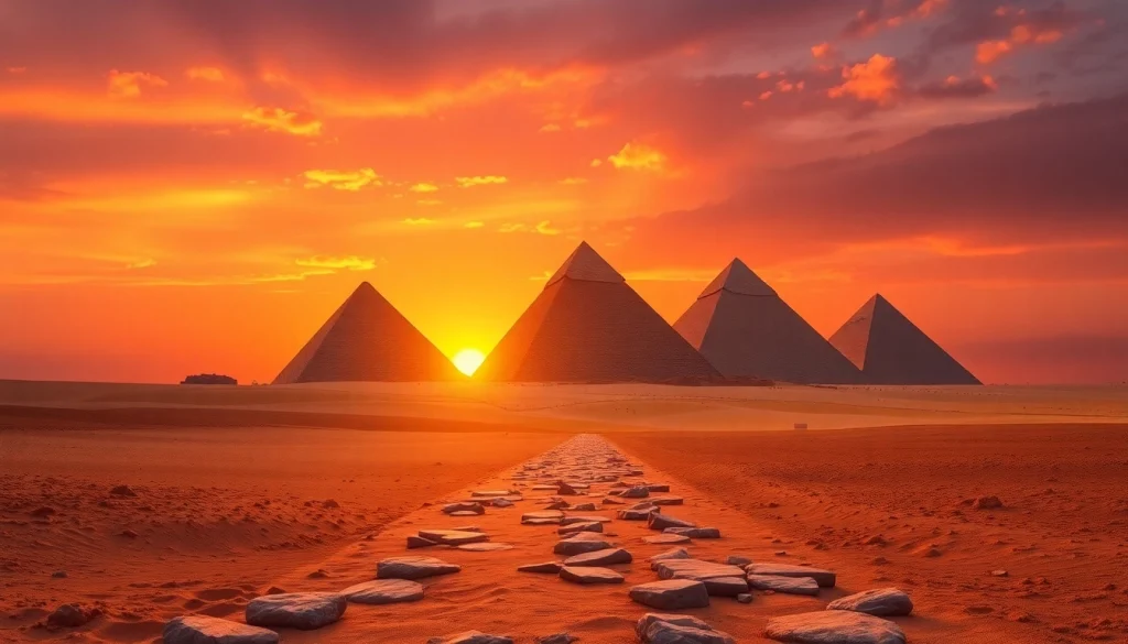 Piraminds depicted in a stunning sunset, highlighting their grandeur and ancient beauty.