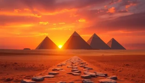 Piraminds depicted in a stunning sunset, highlighting their grandeur and ancient beauty.