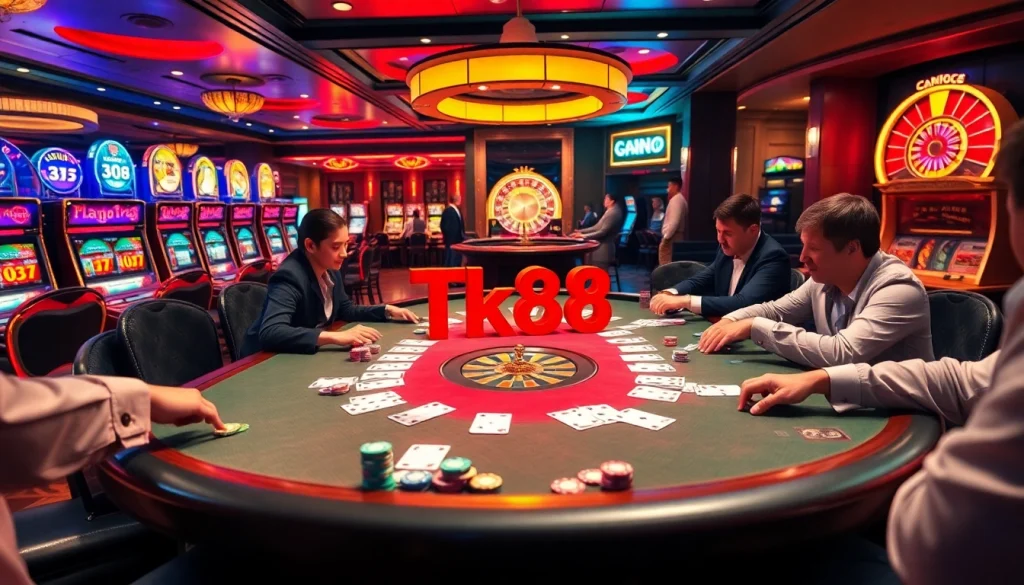 Players enjoying a thrilling poker game at a casino table featuring Tk88 chips and cards.