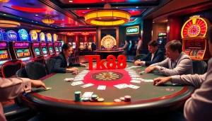 Players enjoying a thrilling poker game at a casino table featuring Tk88 chips and cards.