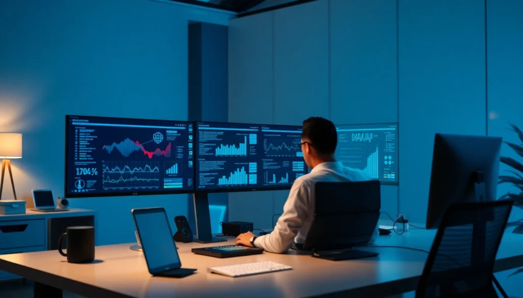 Cybersecurity AI analysis in a modern workspace with data graphs and tech elements.