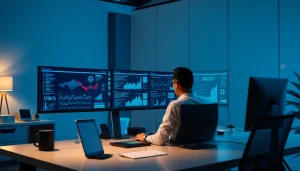 Cybersecurity AI analysis in a modern workspace with data graphs and tech elements.