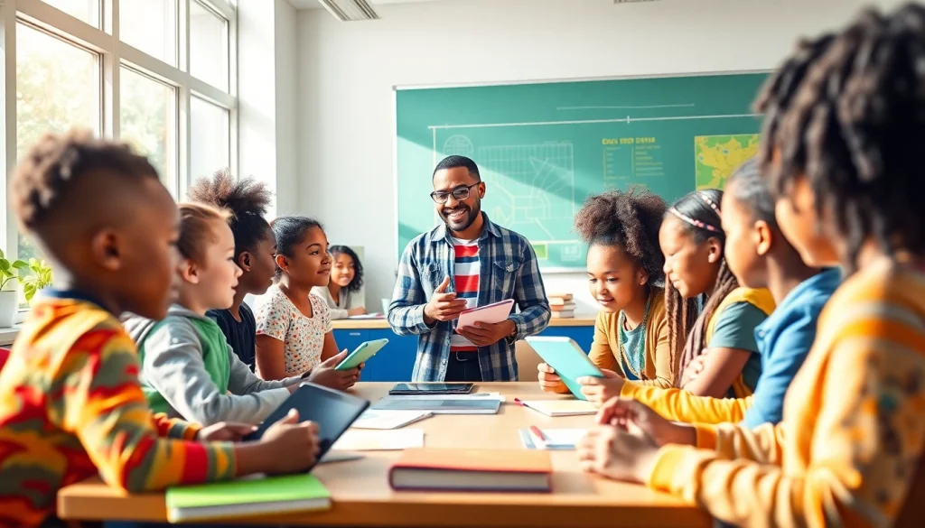 Education reform in action with diverse students collaborating in a modern classroom.
