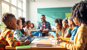 Education reform in action with diverse students collaborating in a modern classroom.