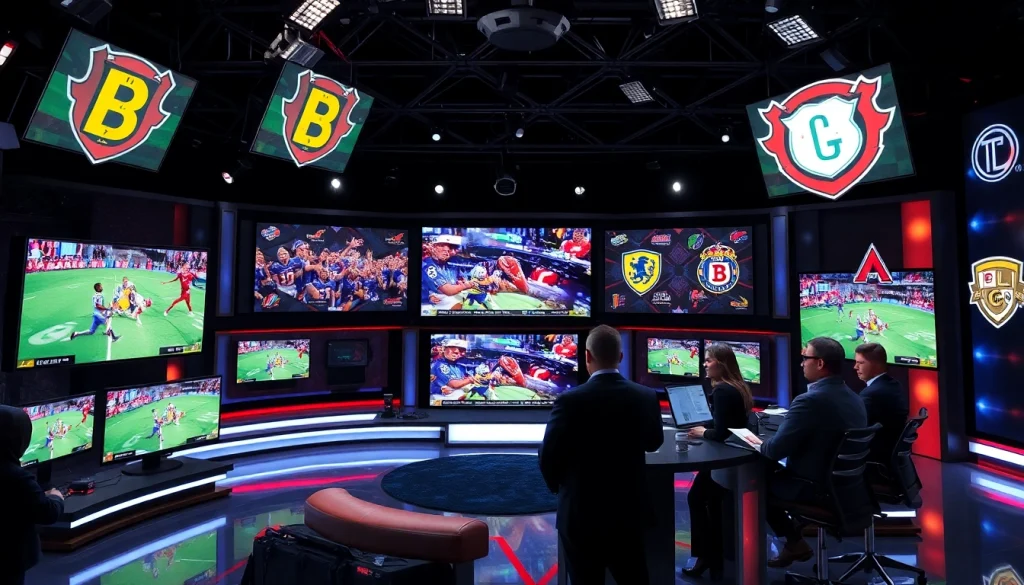 Dynamic sports broadcasting studio with journalists and live screens.