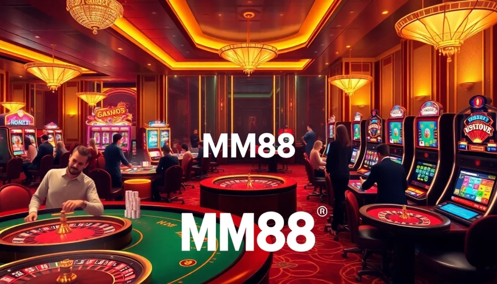 Exciting casino scene featuring various games highlighting MM88's luxury gambling experience.