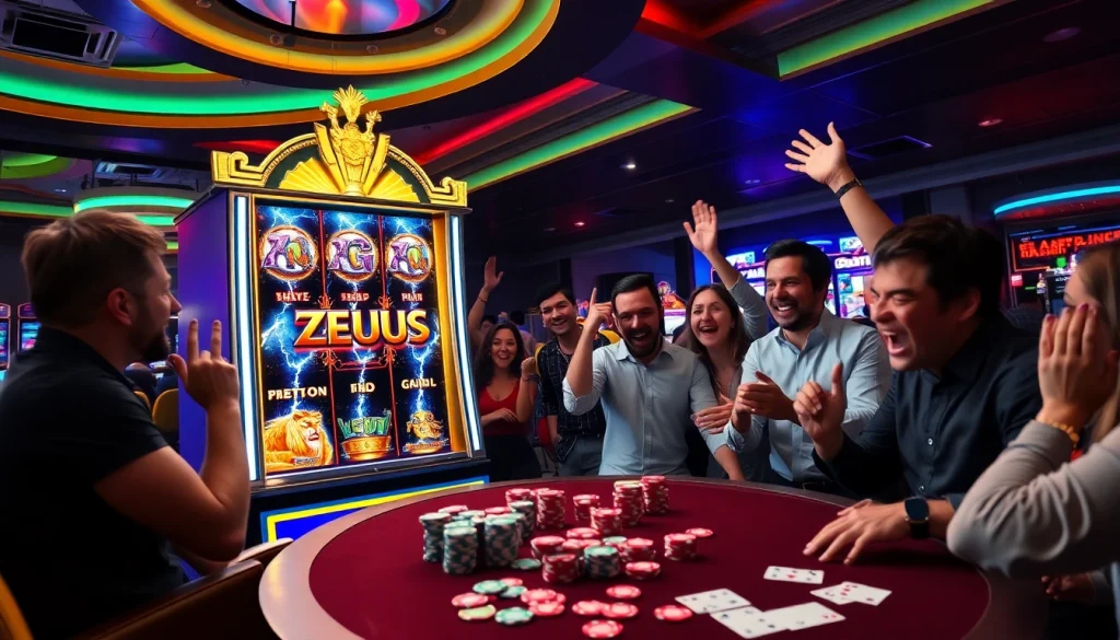 Spin the Zeus slot machine and chase thrilling jackpots surrounded by colorful casino decor.