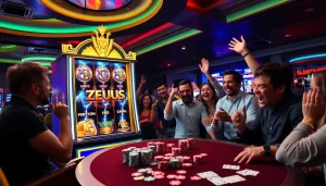 Spin the Zeus slot machine and chase thrilling jackpots surrounded by colorful casino decor.