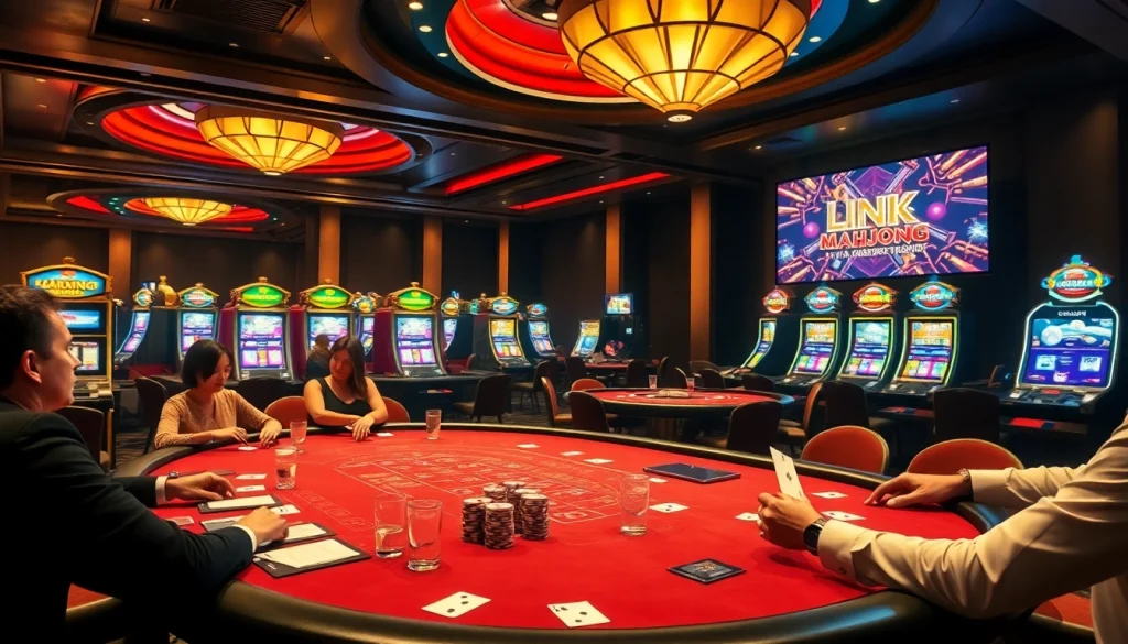 Engage with the thrill of link mahjong at a vibrant casino table, showcasing players and slot machines in an energetic scene.