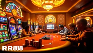 Experience the excitement of RR88 with vibrant casino visuals featuring poker and slot machines.