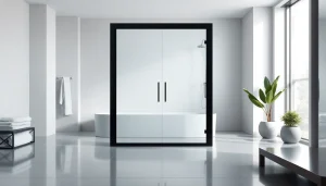 Showcasing a stylish black frame shower door in a modern bathroom.