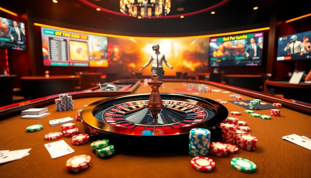 SODO66 gaming atmosphere featuring poker chips and a roulette wheel, evoking excitement and luxury.